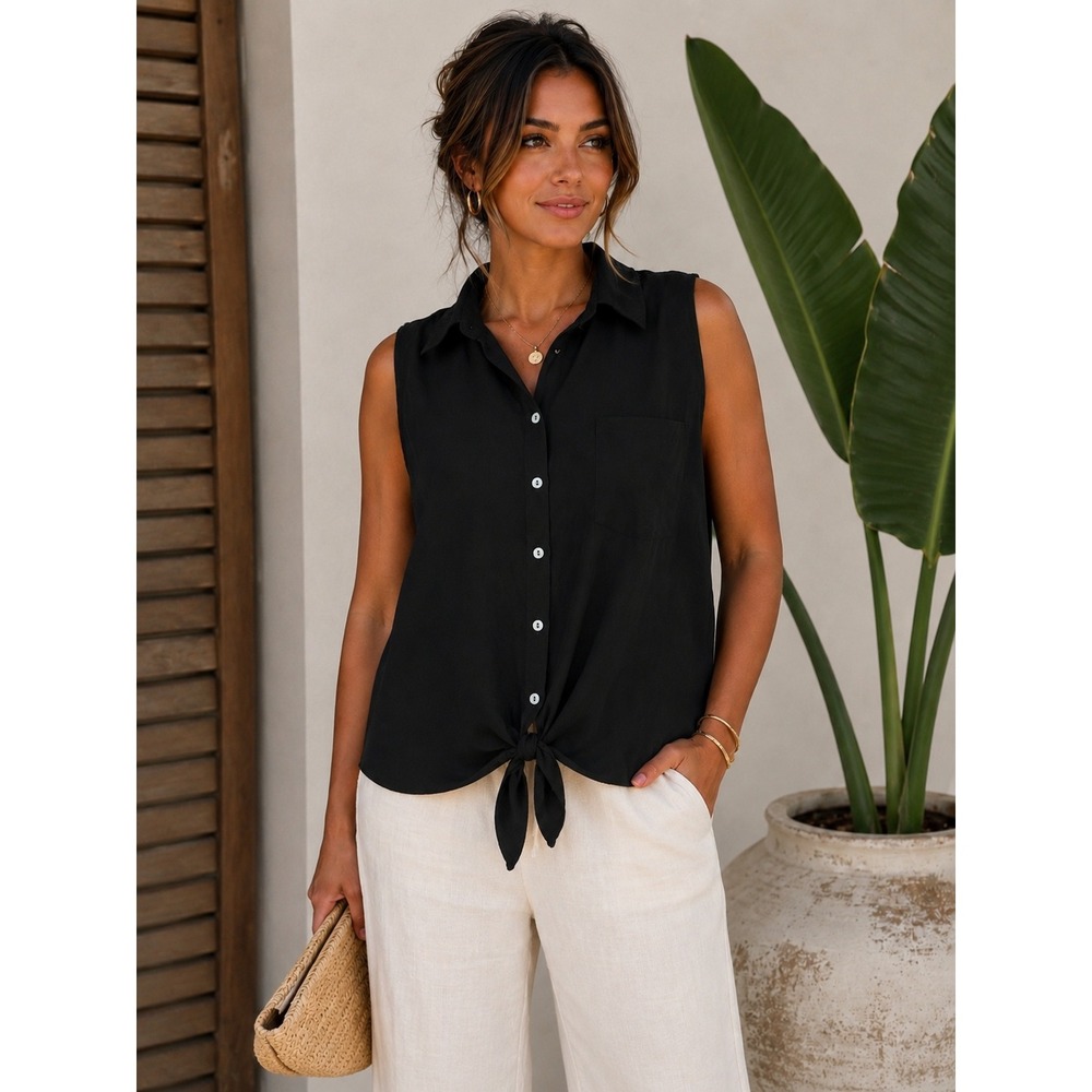 Chico's Black Sleeveless Button Down Tie Front Top Size 3 (XL) Pocket Resort